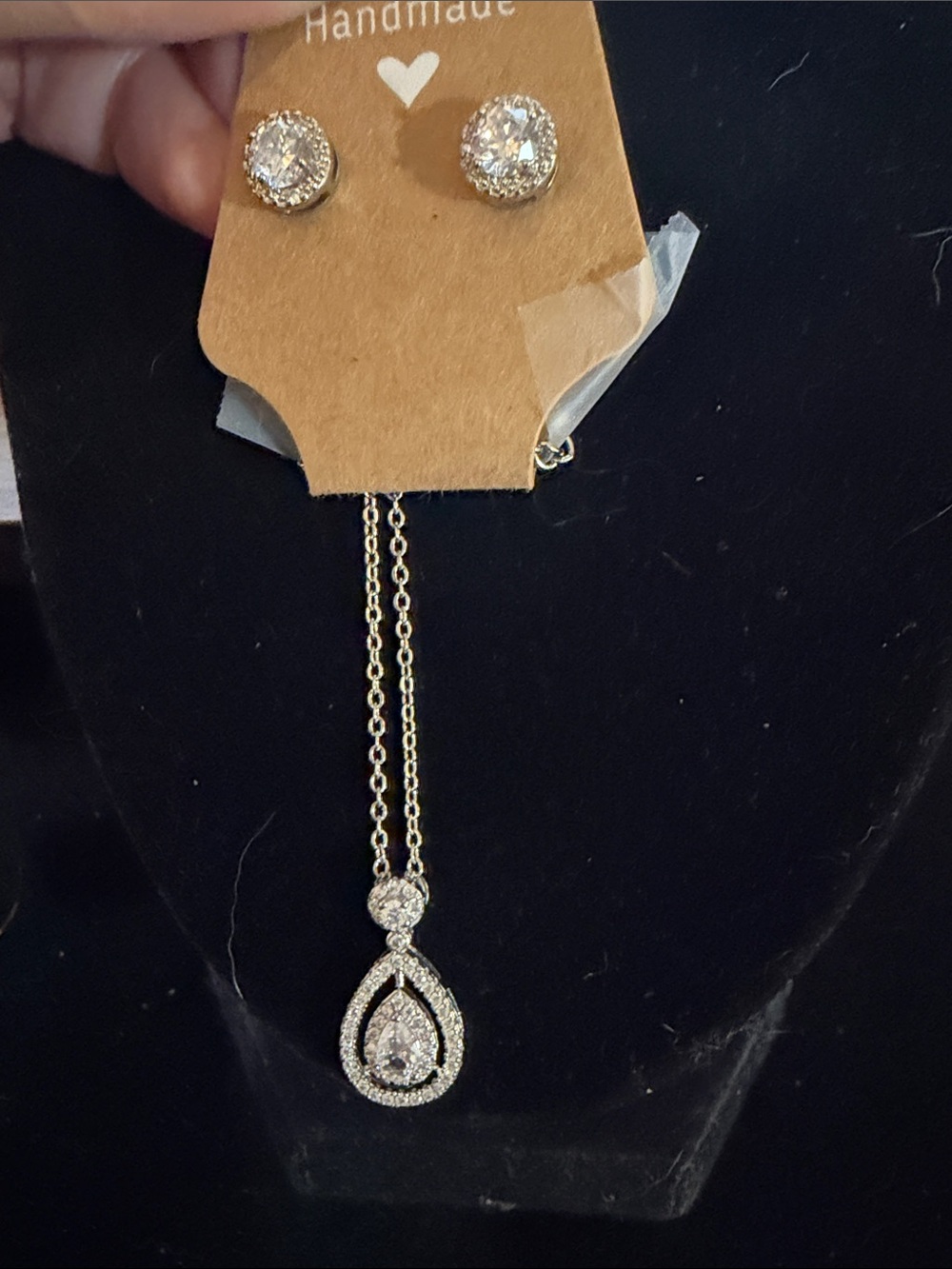 Gold-Tone Teardrop Pendant Necklace and Stud Earrings Set - White Crystal